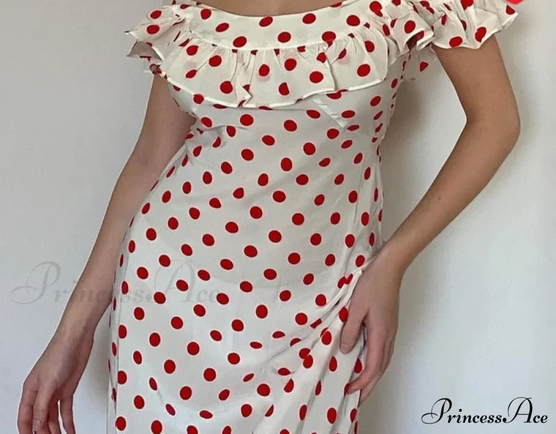 Red Polka Dot Charming Off Shoulder Maxi Dress Dresses