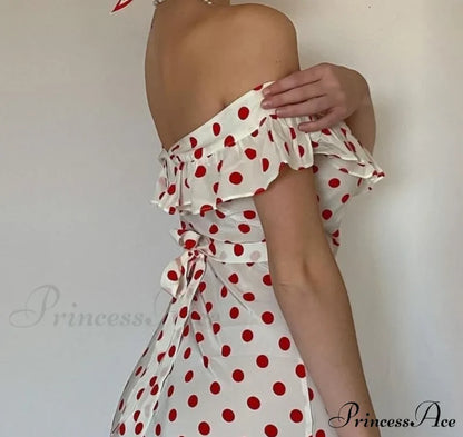 Red Polka Dot Charming Off Shoulder Maxi Dress Dresses