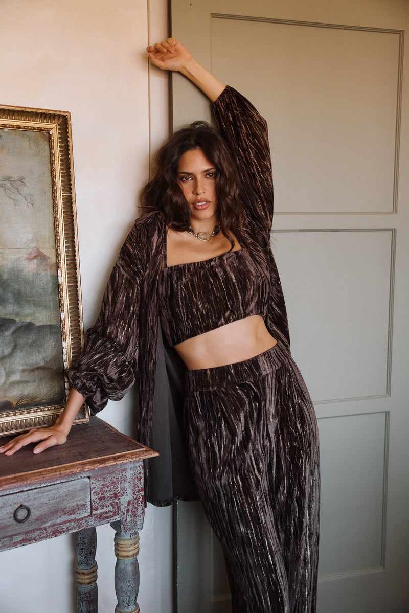 Back view of the espresso velvet crop top showing the silhouette and fit.