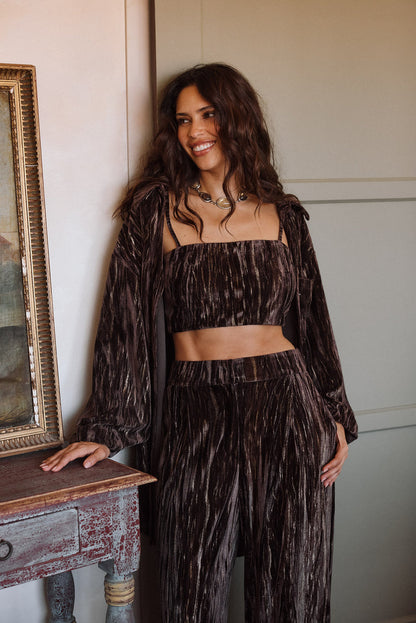 Rhea Espresso Velvet Crop Top paired with complementary accessories for a polished look.