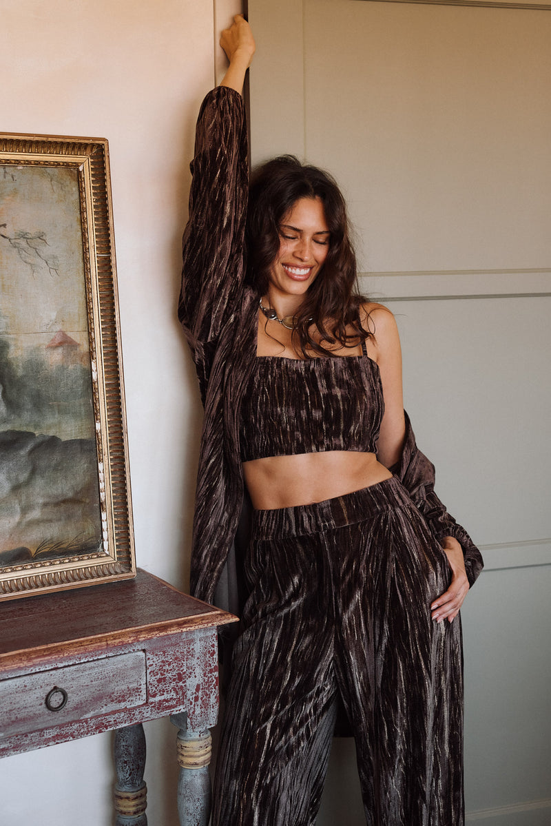 Additional view of the Rhea Espresso Velvet Crop Top from a different perspective.