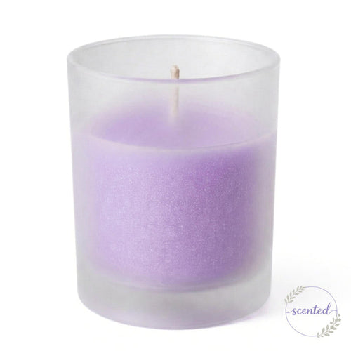 Lavender scented candle in frosted glass holder