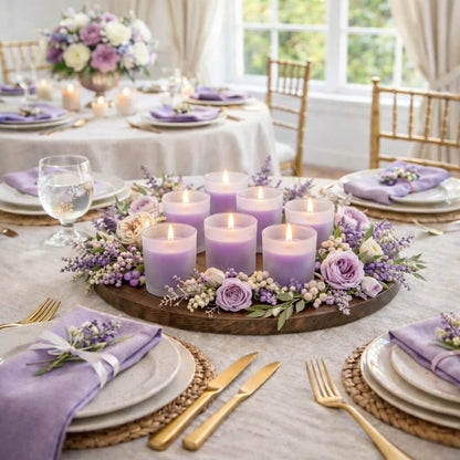 Lavender candles in Frosted Votive Holders on a wooden tray with lavender flowers