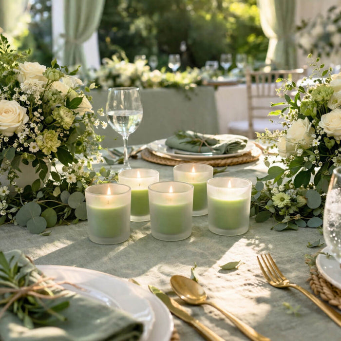 Upscale outdoor wedding table centerpiece featuring green candles glowing inside votive holders