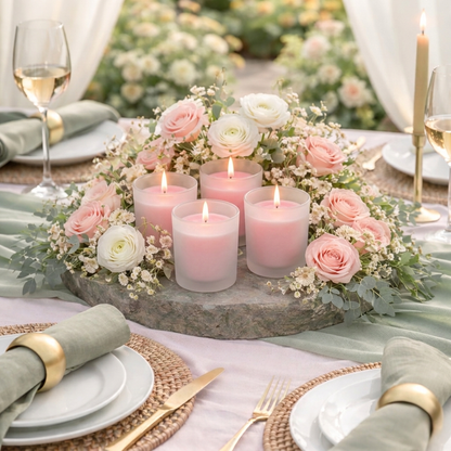 Pink candles in glass votives with flowers on a table