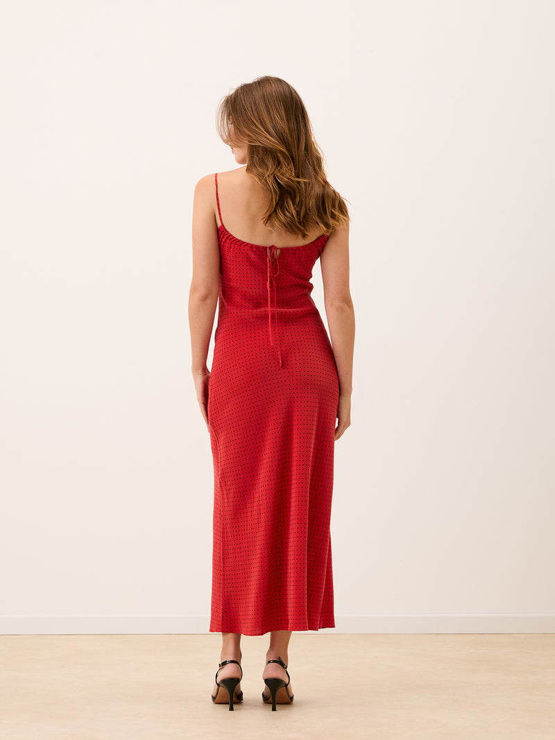 GEMMA red plumetis long cowl-neck dress, detail of neckline by Rouje