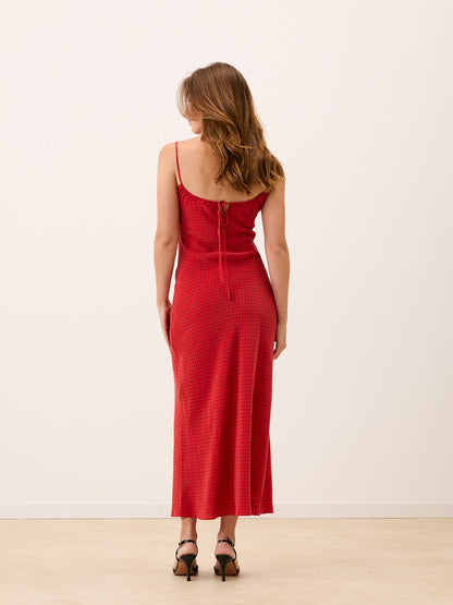 GEMMA red plumetis long cowl-neck dress, detail of neckline by Rouje