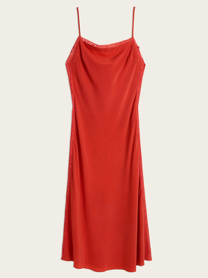 VICKY red lace and silk midi dress, flat packshot by Rouje