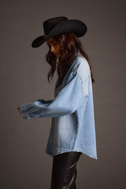 Rocky Light Denim Button Down Top styled in a complete look from an alternate angle.