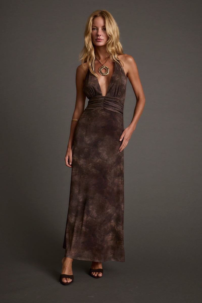 Brown mesh maxi dress with refined detailing and a flattering silhouette.
