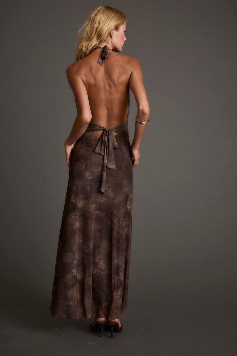 Back view of the brown mesh maxi dress showing the silhouette and fit.