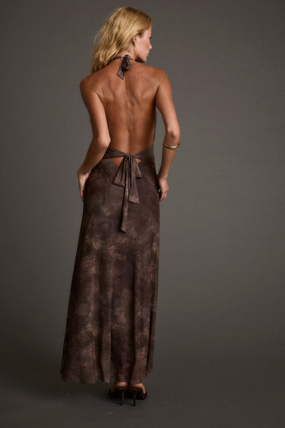 Back view of the brown mesh maxi dress showing the silhouette and fit.