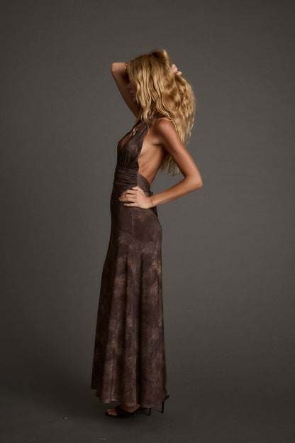 Close-up of the Rosalia Brown Mesh Maxi Dress showcasing the mesh texture and craftsmanship.