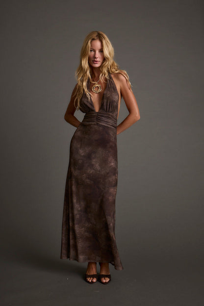 Rosalia Brown Mesh Maxi Dress styled in a complete look from an alternate angle.