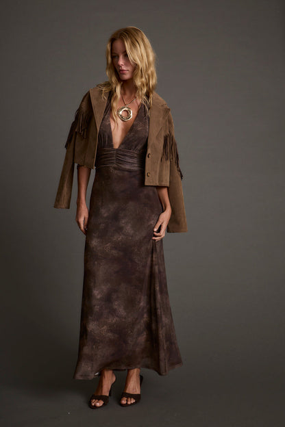 Rosalia Brown Mesh Maxi Dress paired with complementary accessories for a polished look.