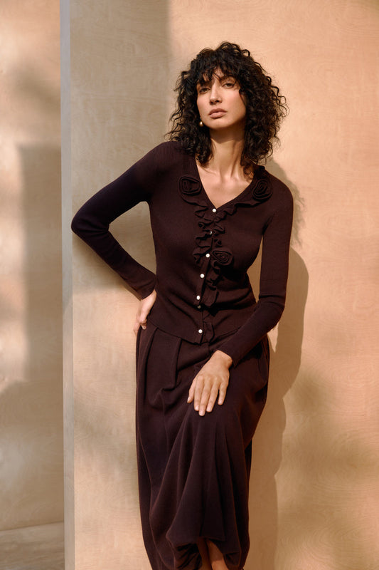 Rosette ribbed wool cardigan
