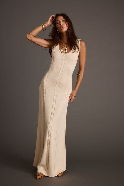 Cream knit maxi dress with knit accents, a vacation maxi dress essential.