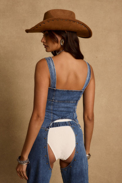 Sabine Denim Corset Top paired with complementary accessories for a polished look.