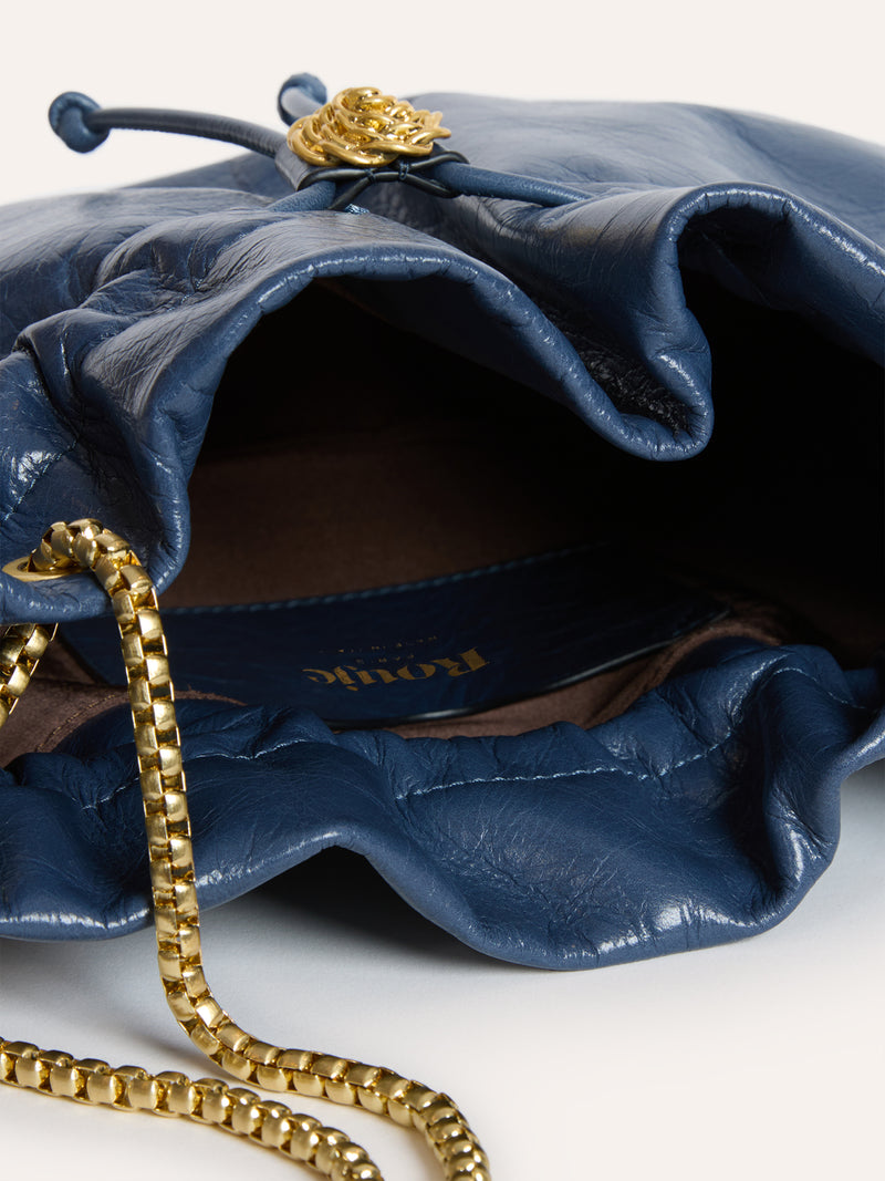 ANISETTE denim-effect leather bucket bag, detail of drawstring by Rouje