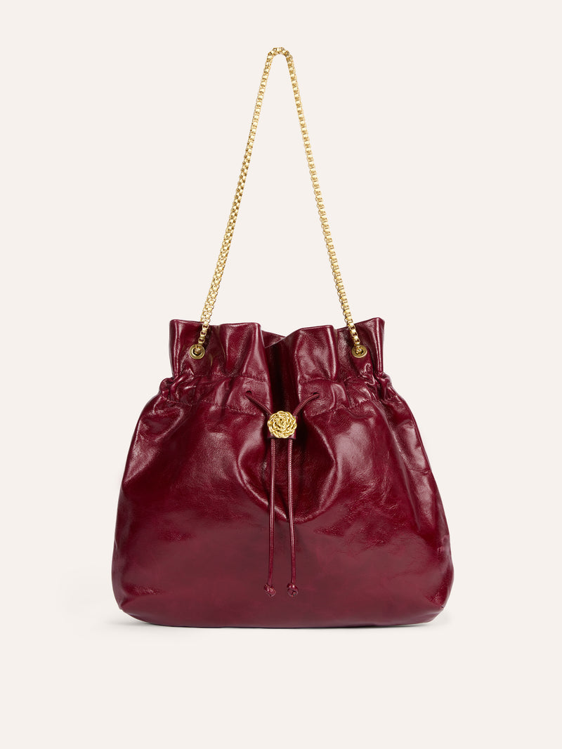 ARTISTE burgundy patent leather large purse, front view by Rouje