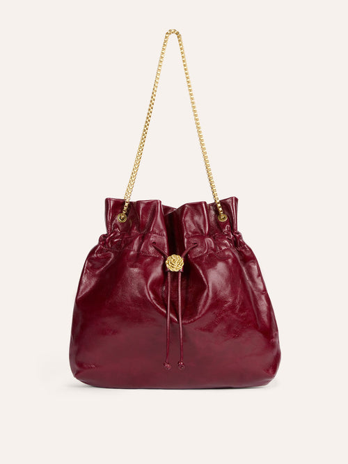 ARTISTE burgundy patent leather large purse, front view by Rouje