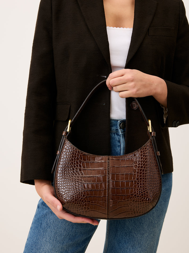 BABY BIG chocolate croc-effect small bag, back view by Rouje