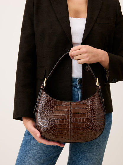 BABY BIG chocolate croc-effect small bag, back view by Rouje