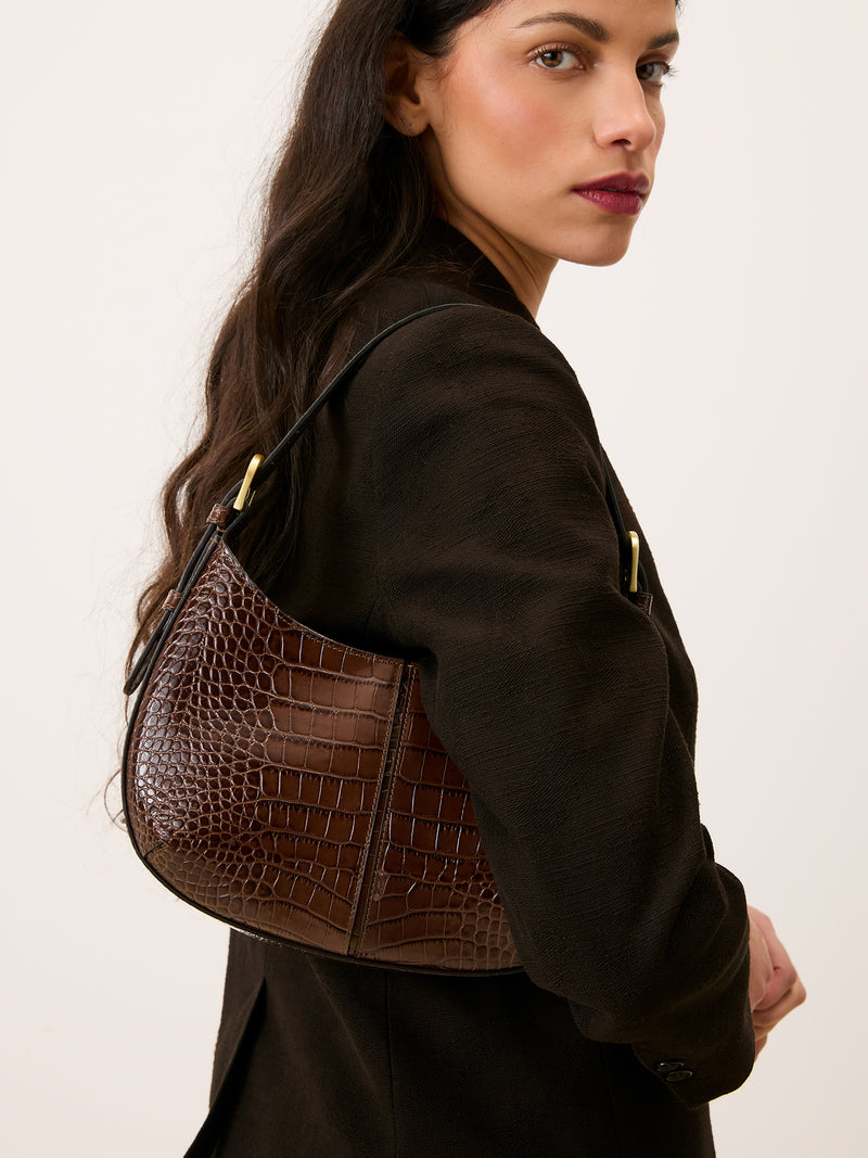 BABY BIG chocolate croc-effect small bag, detail of topstitch by Rouje