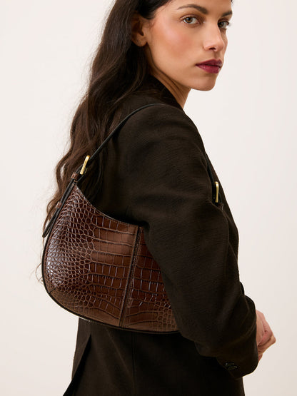 BABY BIG chocolate croc-effect small bag, detail of topstitch by Rouje