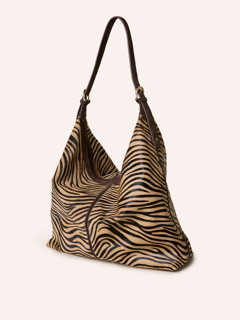 BIGMINUIT large soft zebra-print leather bag in brown colorway, front view by Rouje