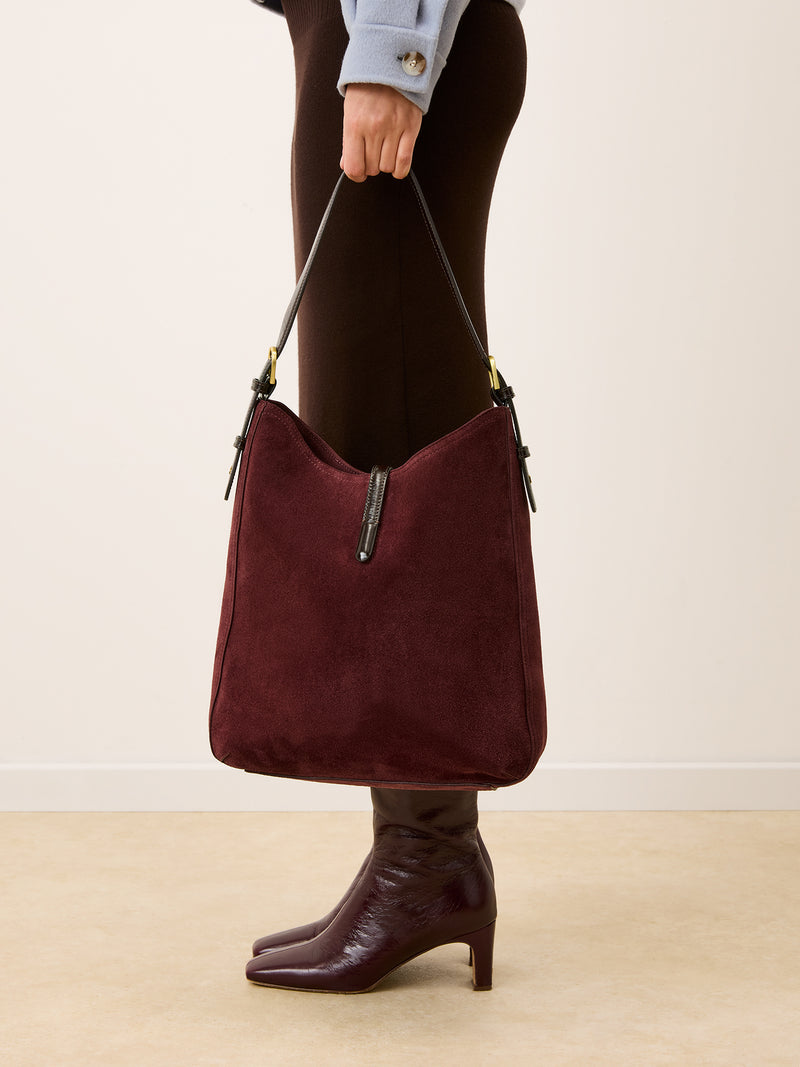 COMPTOIR plum calfskin messenger bag, front view by Rouje
