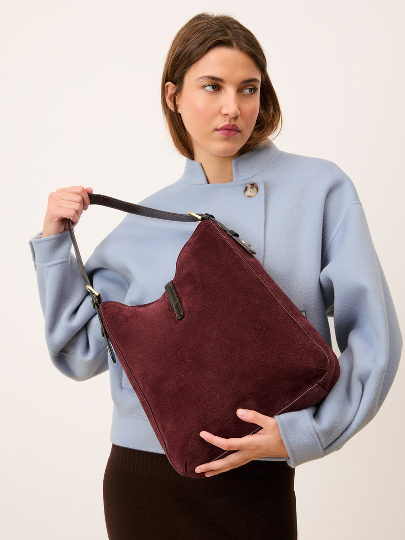COMPTOIR plum calfskin messenger bag, back view by Rouje