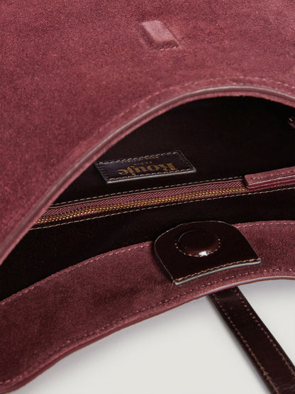 COMPTOIR plum calfskin messenger bag, detail of glazed leather handle by Rouje