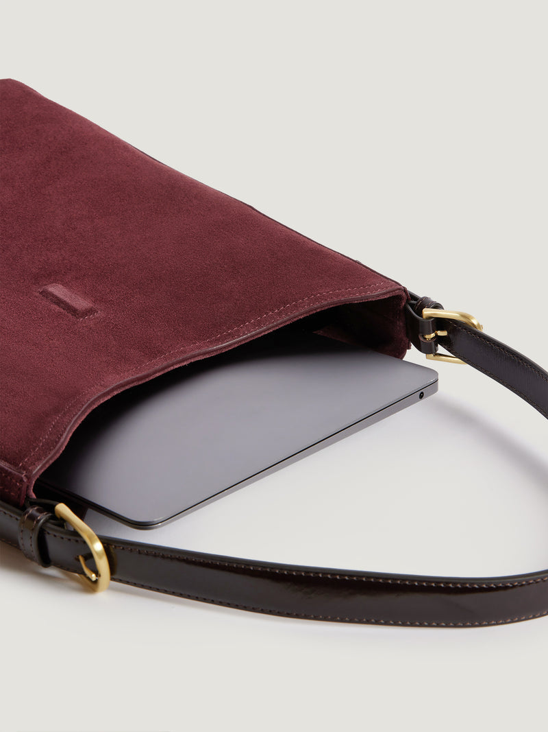 COMPTOIR plum calfskin messenger bag, interior view by Rouje