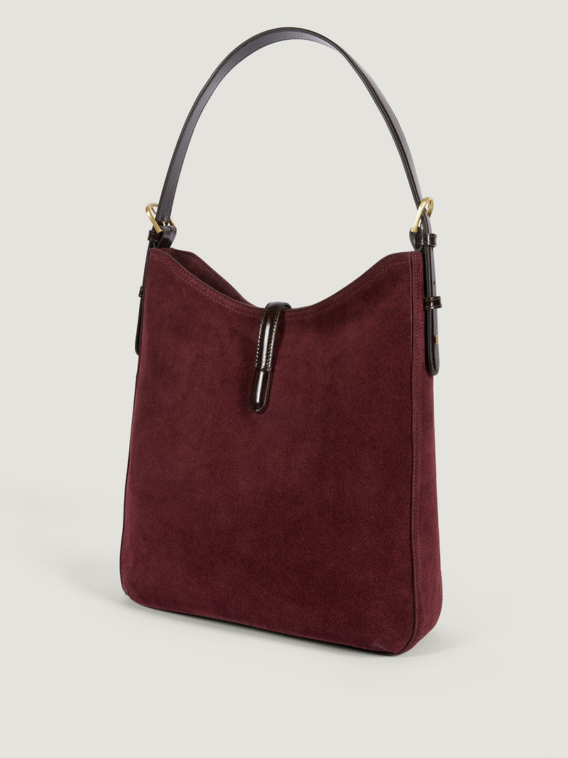 COMPTOIR plum calfskin messenger bag, flat packshot by Rouje