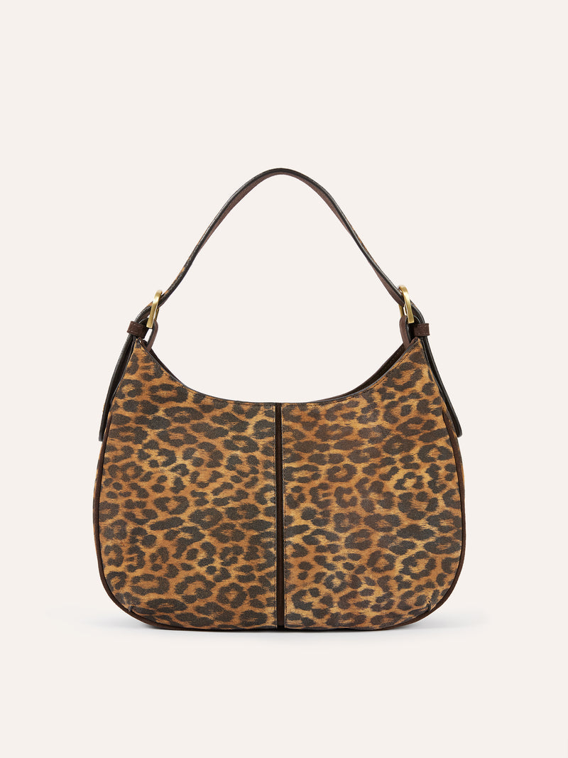 FRENCHY leopard print leather bag worn on a model by Rouje
