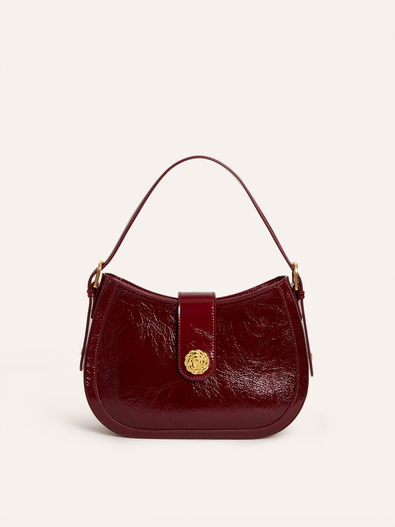 GALA burgundy vintage crackled patent leather handbag, front view by Rouje