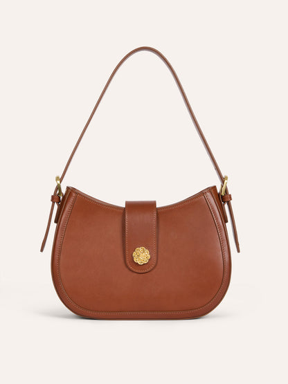 GALA caramel leather bag, front view by Rouje