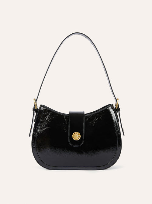 GALA black glossy leather small bag, front view by Rouje