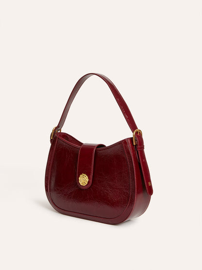 GALA burgundy vintage patent leather handbag, back view by Rouje