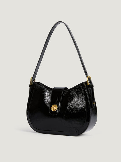 GALA black glossy leather bag, side view by Rouje