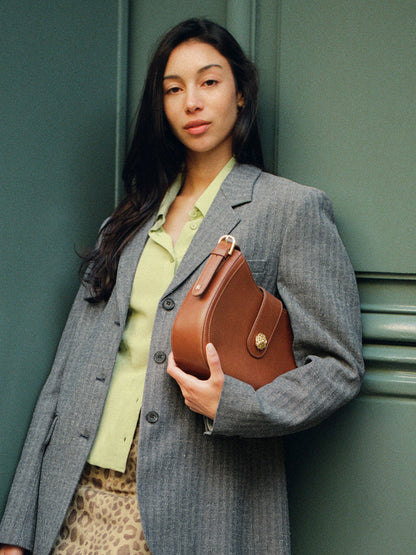 GALA caramel leather bag, flat packshot by Rouje