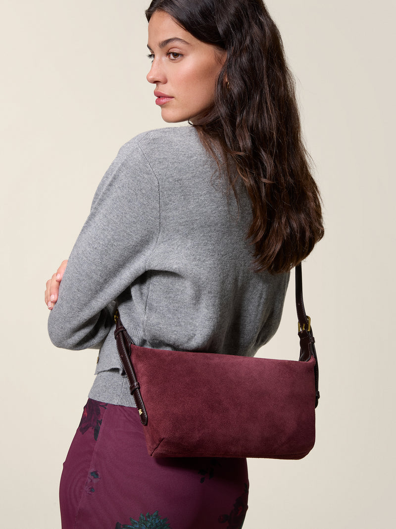 MINUIT plum calfskin soft bag, side view by Rouje