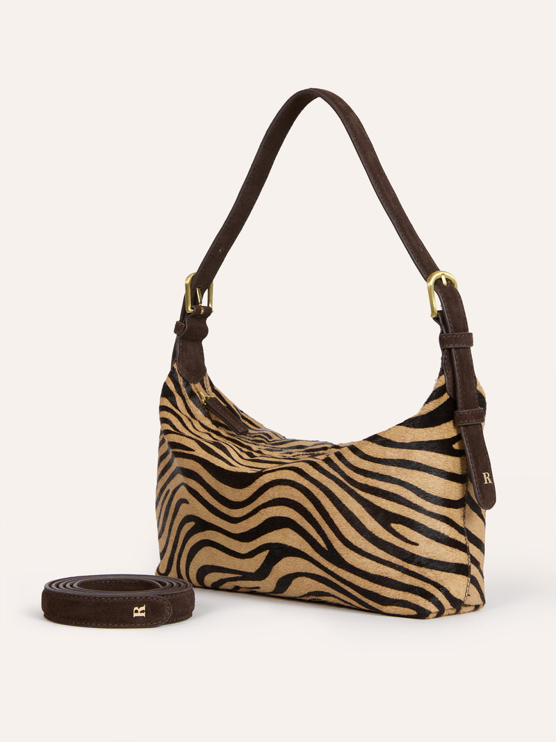 MINUIT zebra pony soft bag, detail of gold R logo by Rouje