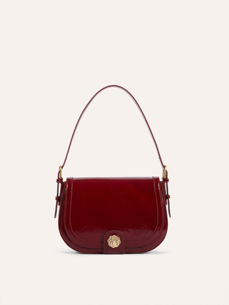 TROQUET burgundy patent leather large bag, front view by Rouje
