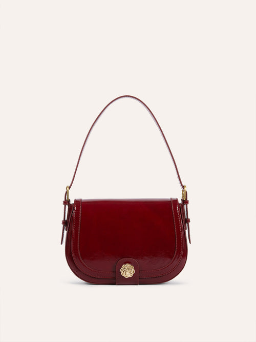 TROQUET burgundy patent leather large bag, front view by Rouje