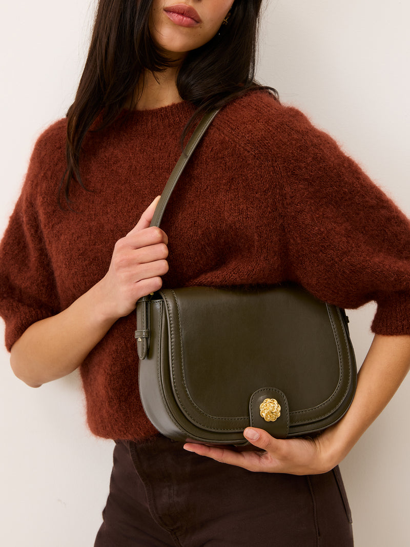 TROQUET large khaki leather bag, front view by Rouje