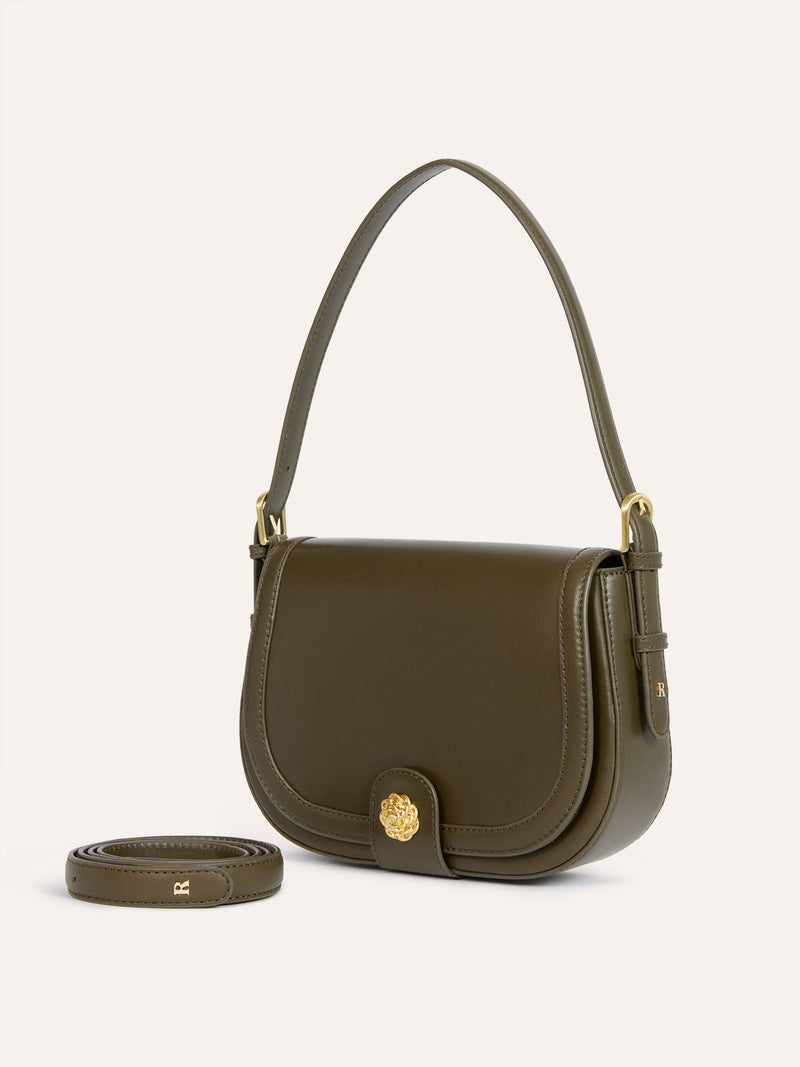 TROQUET large khaki leather bag, detail of gold R logo by Rouje