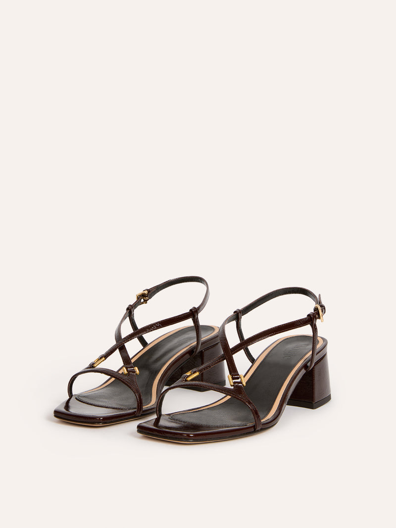 EMI brown patent leather heeled sandals, front view by Rouje