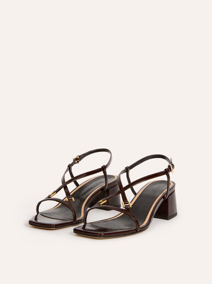 EMI brown patent leather heeled sandals, front view by Rouje